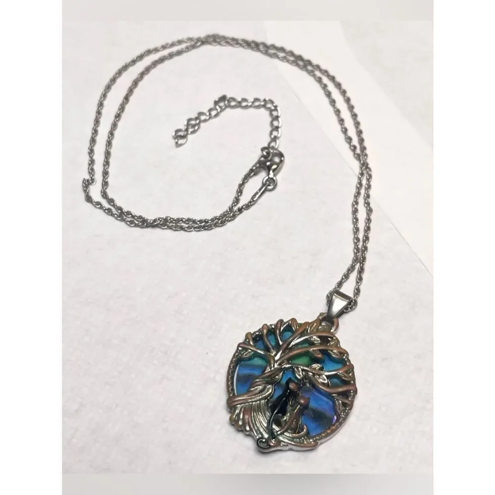 Tree of Life Silver Necklace with Blue-Green Enamel Pendant